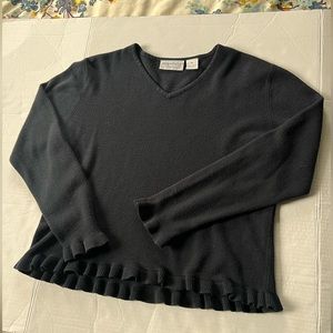 Atlantique Black V neck long sleeve sweater w/small ruffle hem and at wrists